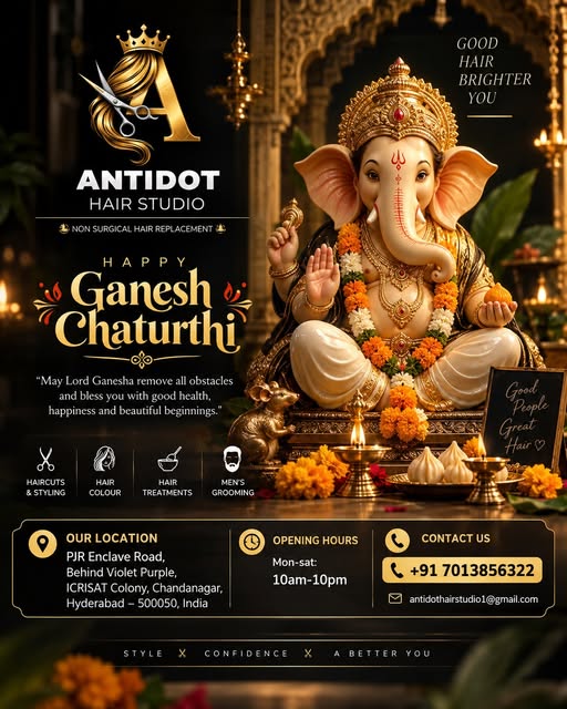 ✨ Happy Ganesh Chaturthi from Antidot Hair Studio! 🪔🐘

May Lord Ganesha remove all obstacles and f
