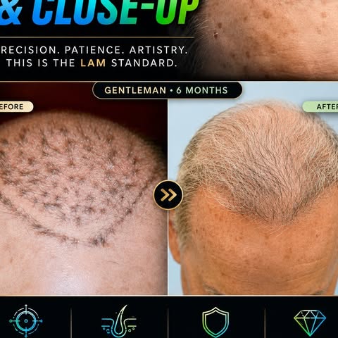 6 months after FUE correction of previous 4 mm hair plugs with close up video comb-through, before a
