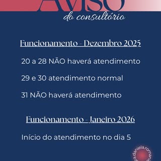 Fique atento aos dias de atendimento do fim de 2025 e início de 2026! ✨✨