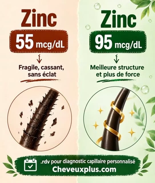 📍 Ton zinc est trop bas → tes cheveux tombent 👇
Le zinc est LE minéral clé de la fibre capillaire.