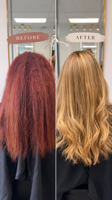 Going from RED to BLONDE isn’t easy 👀✨

Red is one of the hardest pigments to lift — but with the r