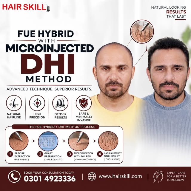 Experience the advanced FUE Hybrid with Microinjected DHI Method at Hair Skill. Achieve superior, na