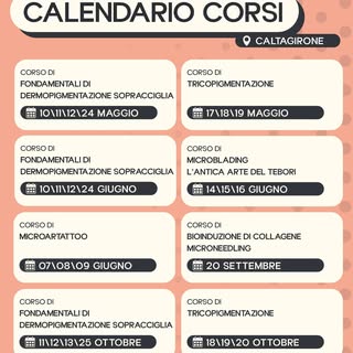 Calendario corsi 2026.
Corsi Tricopigmentazione - Dermopigmentazione - Microblading - Tatuaggio - Bi