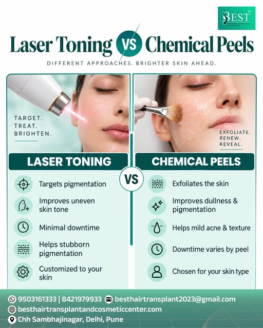 Laser Toning vs Chemical Peels — Which One Is Right for Your Skin? ✨
Both treatments can help improv