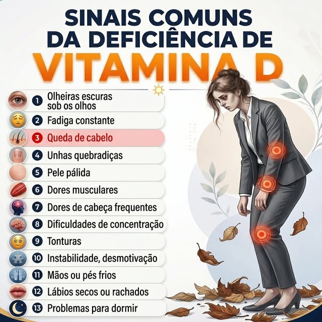 🚨 13 Sinais de Falta de Vitamina D Que Seu Corpo Pode Estar Gritando! ☀️🧬
ENTRE ELES A QUEDA DE CA