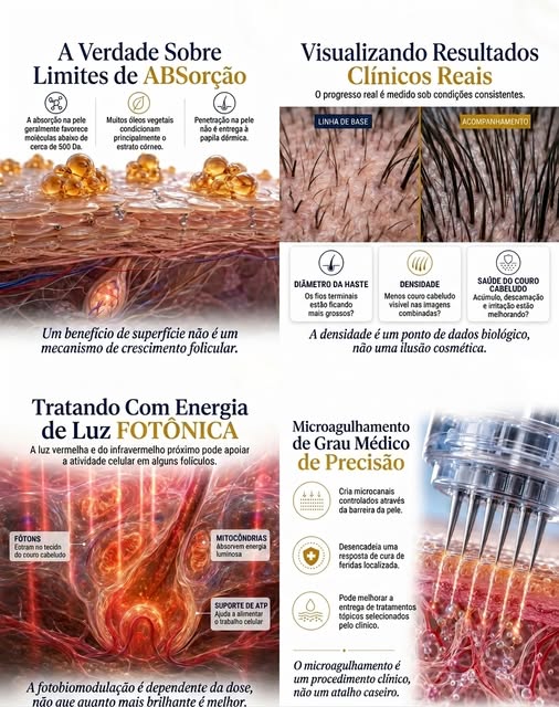 ✔A absorção de loções no couro cabeludo nem sempre é estável ou homogênea. Fatores como a espessura 