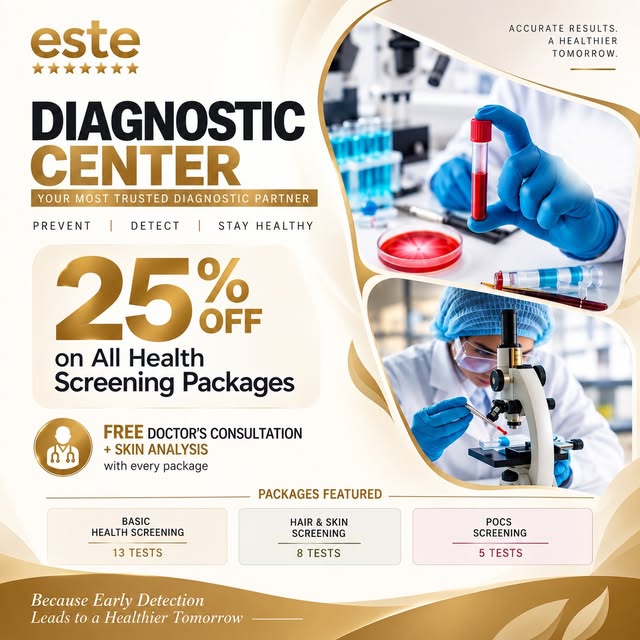 ✨A New Journey Begins at Este Diagnostic Center✨

কোনো symptom দেখা দেওয়ার আগেই জেনে নিন আপনার শরীরে