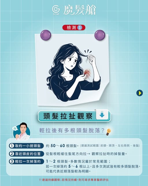 你上一次認真觀察自己的頭髮，是什麼時候？
很多人等到「明顯禿了」才開始緊張
但其實落髮的跡象，從日常就能發現

3 個居家自我檢測，現在就可以做：

🔹 檢測 1｜頭髮拉扯觀察
取約 50–60 根
