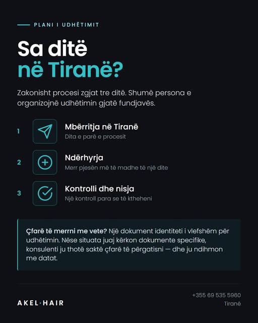 Sa ditë duhet të qendroni në Tiranë?

Zakonisht procesi zgjat tre ditë. Shumë persona e organizojnë 