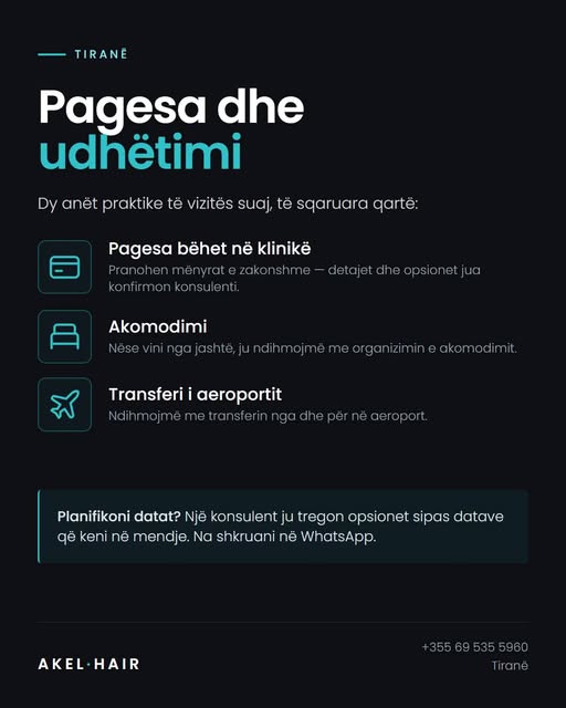 Pagesa dhe udhëtimi — dy anët praktike të vizitës suaj, të sqaruara qartë.

• Pagesa bëhet në klinik