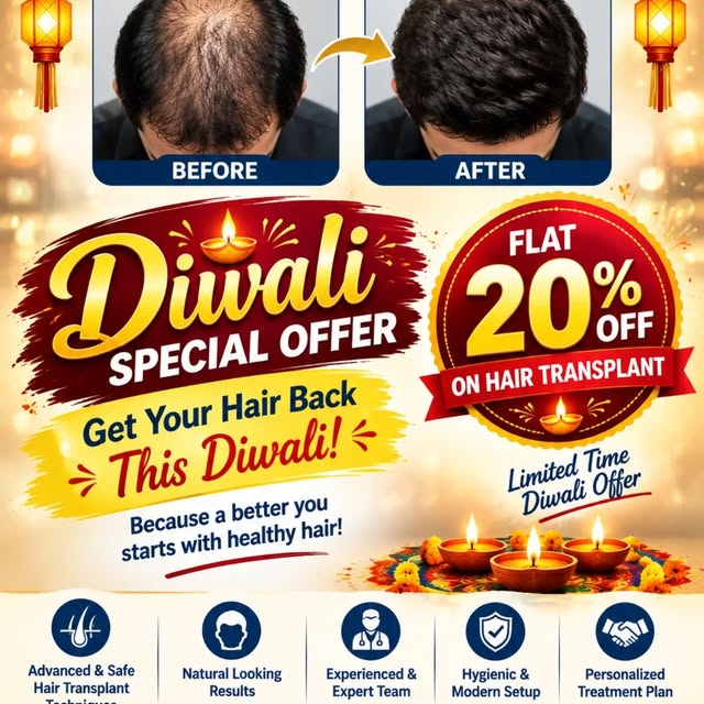 Diwali special 20% off on hair transplant 
Get 💯% Guaranted results 
Book your appointment