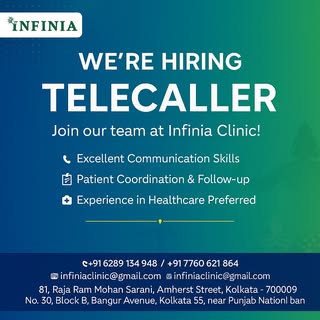💼 Looking for a career in healthcare?
Infinia Clinic is hiring 2 energetic telecallers!
If you’re g