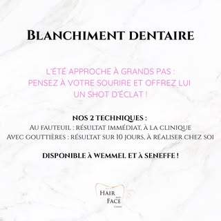 𝐁𝐋𝐀𝐍𝐂𝐇𝐈𝐌𝐄𝐍𝐓 𝐃𝐄𝐍𝐓𝐀𝐈𝐑𝐄 

NEW : nos deux techniques de blanchiment dentaire sont mai
