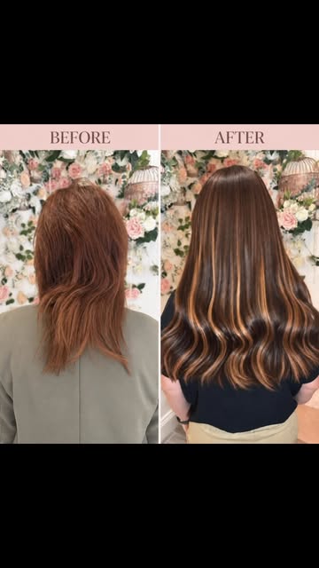 ✨ BEFORE & AFTER ✨

What a transformation! From short, uneven copper tones to long, glossy brunette 