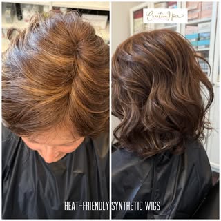 Heat friendly synthetics wigs offer the option to create new styles. Send us a text for a consultati