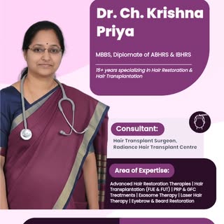 15+ Years of Excellence in Hair Restoration. ✨

Trust your hair to Dr. Ch. Krishna Priya. As a Diplo
