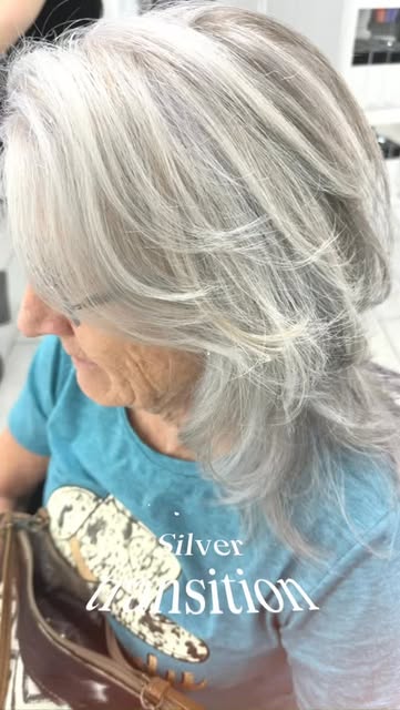 Silver transition before and after. No more yellow. No more coloring her hair. #silverhair #silverqu