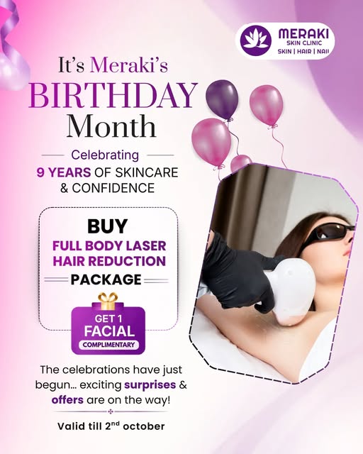 🎉 Meraki Skin Clinic is turning 9! 💜✨

Celebrating 9 years of skincare, confidence & trust with a 