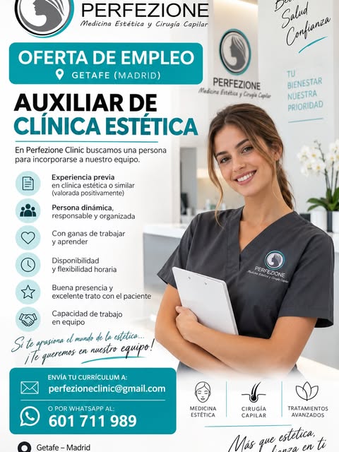 ✨ OFERTA DE EMPLEO – GETAFE ✨

PERFEZIONE CLINIC
MEDICINA ESTÉTICA Y CAPILAR SL

Buscamos AUXILIAR D