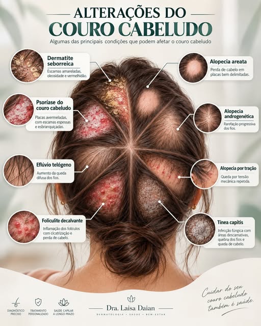 Nem toda alteração no couro cabeludo é “só caspa” ou apenas queda de cabelo.

Descamação, vermelhidã