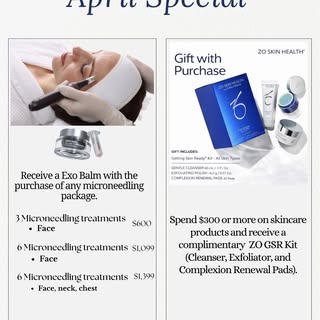 ✨ April Glow-Up Alert! ✨
Purchase any Microneedling package and get a COMPLIMENTARY EXO Balm! 

Plus
