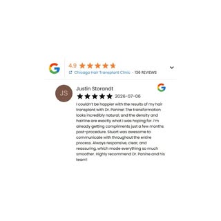 A Five Star Google Review of CHICAGO HAIR TRANSPLANT CLINIC and Dr. Panine by Justin Storandt on 07/