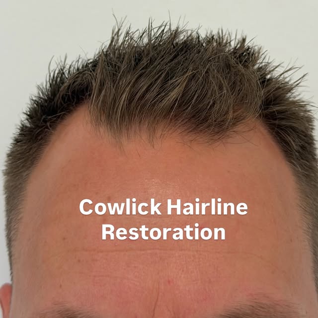 Cowlick or whorl pattern of hairline.

A cowlick isn’t a flaw—it’s part of the patient’s natural hai