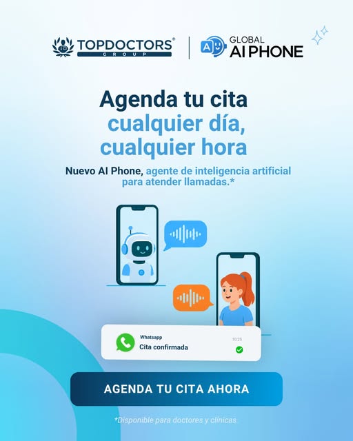 Cualquier día, cualquier hora. Así de simple. ✨

Con el nuevo AI Phone de Top Doctors, ya no tienes 