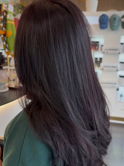 Transformed her into a ultra-glossy deep violet brunette 🍇✂️
.
#salemoregon #salemhairstylist #sale