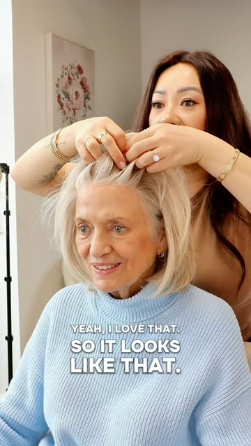 20 years younger in SECONDS. 😍✨ The second this wig went on, her entire face lit up! This is exactl