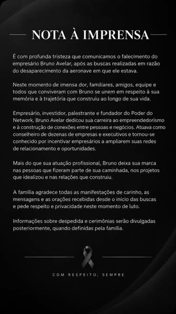 NOTA À IMPRENSA

É com profunda tristeza que comunicamos o falecimento do empresário Bruno Avelar, a