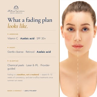 What a real fading plan actually looks like:

Morning: Vitamin C, azelaic acid, SPF 30+

Night: gent