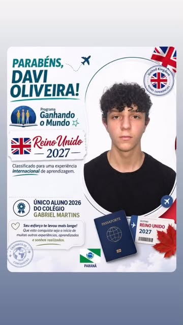 Meu filho Davi foi selecionado para o Ganhando o Mundo 2027 e vai viver uma experiência incrível no 