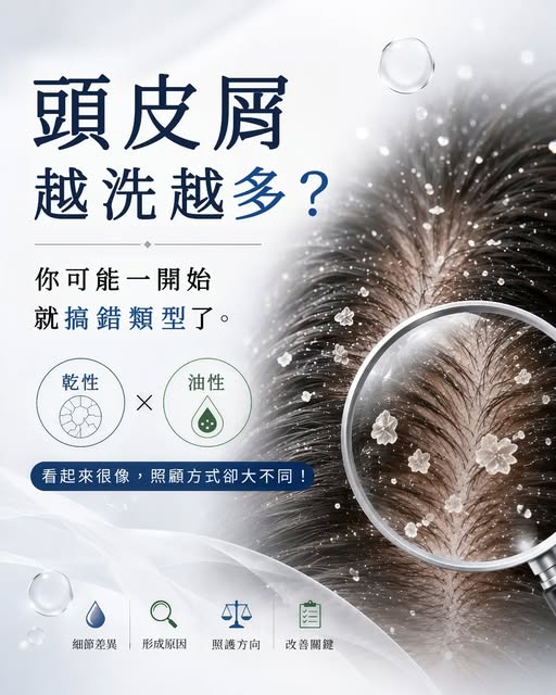 頭皮屑，真的只是沒洗乾淨嗎？

明明天天洗頭，
肩膀上還是看得到皮屑；
換了洗髮精，好像也沒有真正改善。

其實，看起來一樣的頭皮屑，背後的頭皮狀態可能完全不同。
真正重要的，不是急著「去屑」，而是先