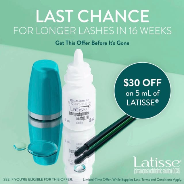 Last chance. Get $30 off a 5 mL of LATISSE® and see longer lashes in as little as 16 weeks.

This li