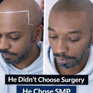 He didn’t go for a soft hairline. He chose a sharp edge-up hairline with scalp micropigmentation.

T