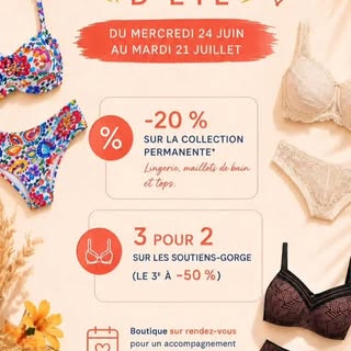 ☀️ les soldes d'été sont enfin là ! ⛱️
Profitez de la lingerie et maillots à prix tout doux 💞
RDV e