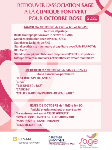 Retrouvez le Réseau Sage pour Octobre Rose le 6, 7 et 8 octobre à la clinique Fontvert.