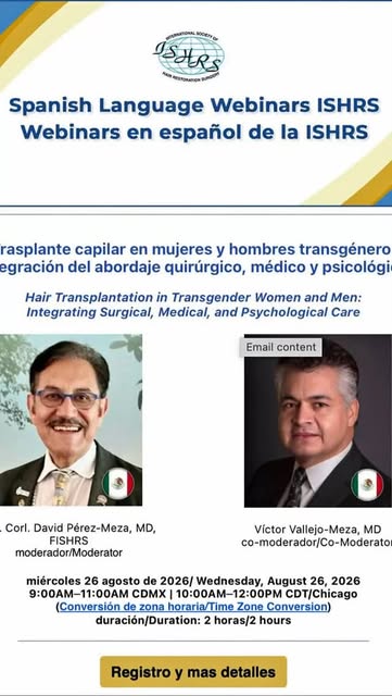 ÚLTIMA LLAMADA para inscribirse a nuestro ISHRS webinar de este miércoles. “Trasplante capilar en tr