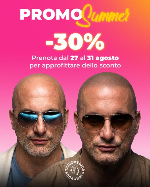 Promo Summer 2.0

Dal 27 al 31 agosto puoi prenotare il tuo trattamento di tricopigmentazione con il