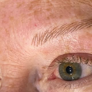 Natural, fluffy looking eyebrows that have been tattooed - she did not have any eyebrow hair 😊

Pri