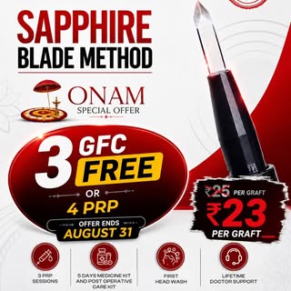 This Onam, gift yourself your confidence back! 
Get Sapphire Blade Hair Transplants at just ₹23/graf