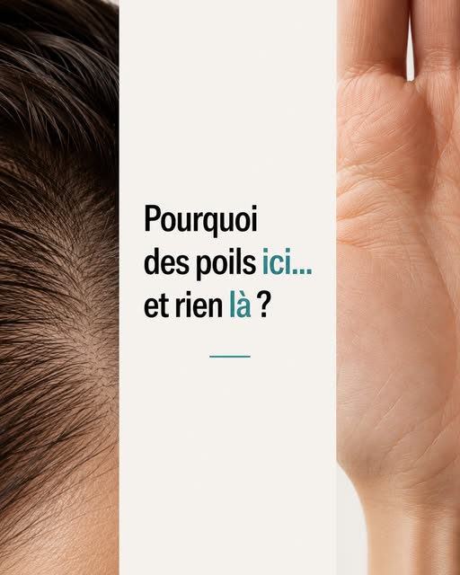 Cheveux sur la tête, sourcils au-dessus des yeux, poils sous les bras, autour des parties génitales…