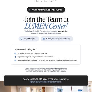 We’re hiring🚨 Join our amazing team!
📩 Send us a DM or email your resume to gkane@lumenlasercenter