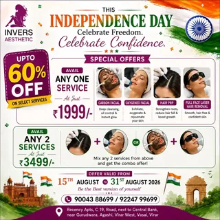 INDEPENDENCE DAY SPECIAL OFFER 

AVAIL CORBON FACIAL,  OXYGENO FACIAL, HAIR PRP,  FULL FACE LASER HA