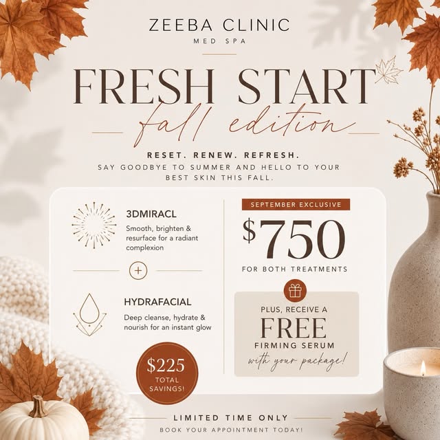 🍂 Fresh Start: Fall Edition 🍂
Say goodbye to summer skin and hello to your fall glow ✨

Our Septem