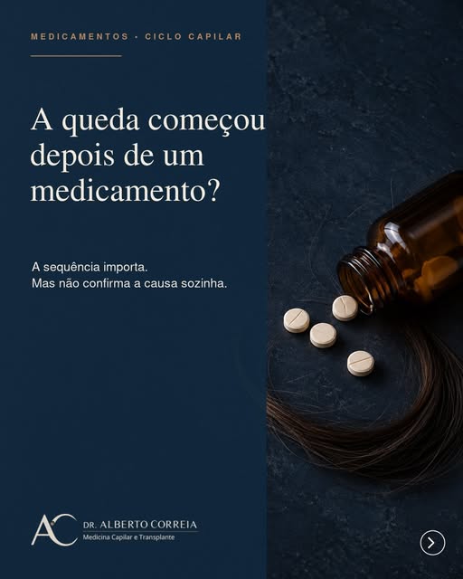 A queda capilar pode surgir semanas ou meses após o início, a troca ou a mudança da dose de um medic
