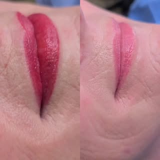 A little kiss of color 💋 the first video is just after she got her lip blushing done, versus how he