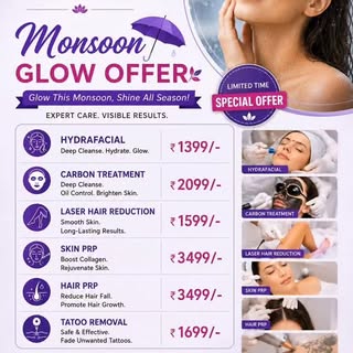 ⚡ MONSOON OFFER ALERT ⚡
Your dream skin & hair treatments are now at unbelievable prices! 😍
Why wai