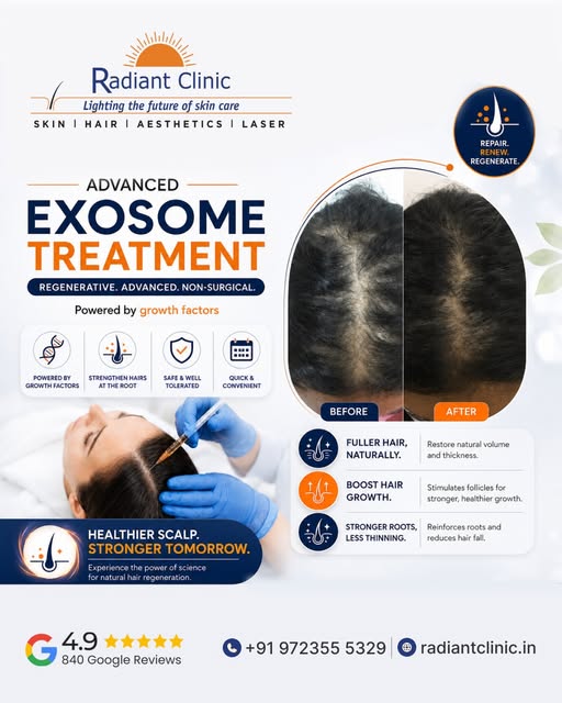 ✨ Transform thinning hair into fuller, healthier locks with The Exosome Treatment at Radiant Clinic!
